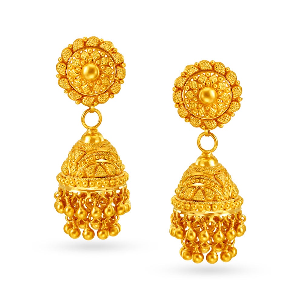 Magnificent 22 Karat Yellow Gold Decorative Jhumka Earrings