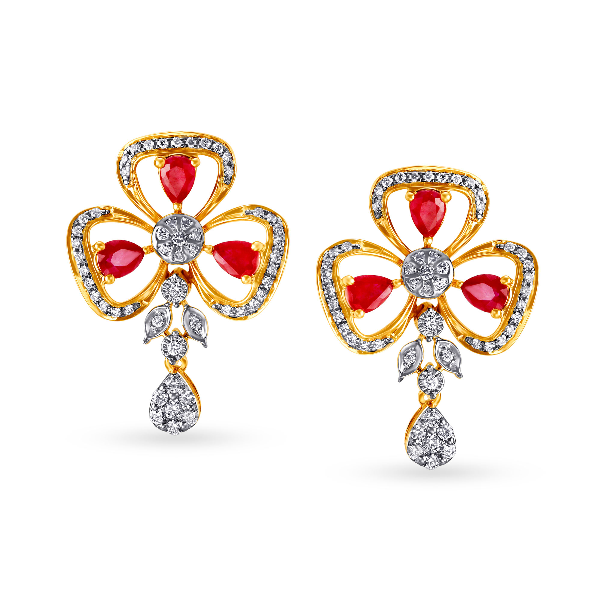 Exquisite Ruby Floral Diamond Drop Earrings
