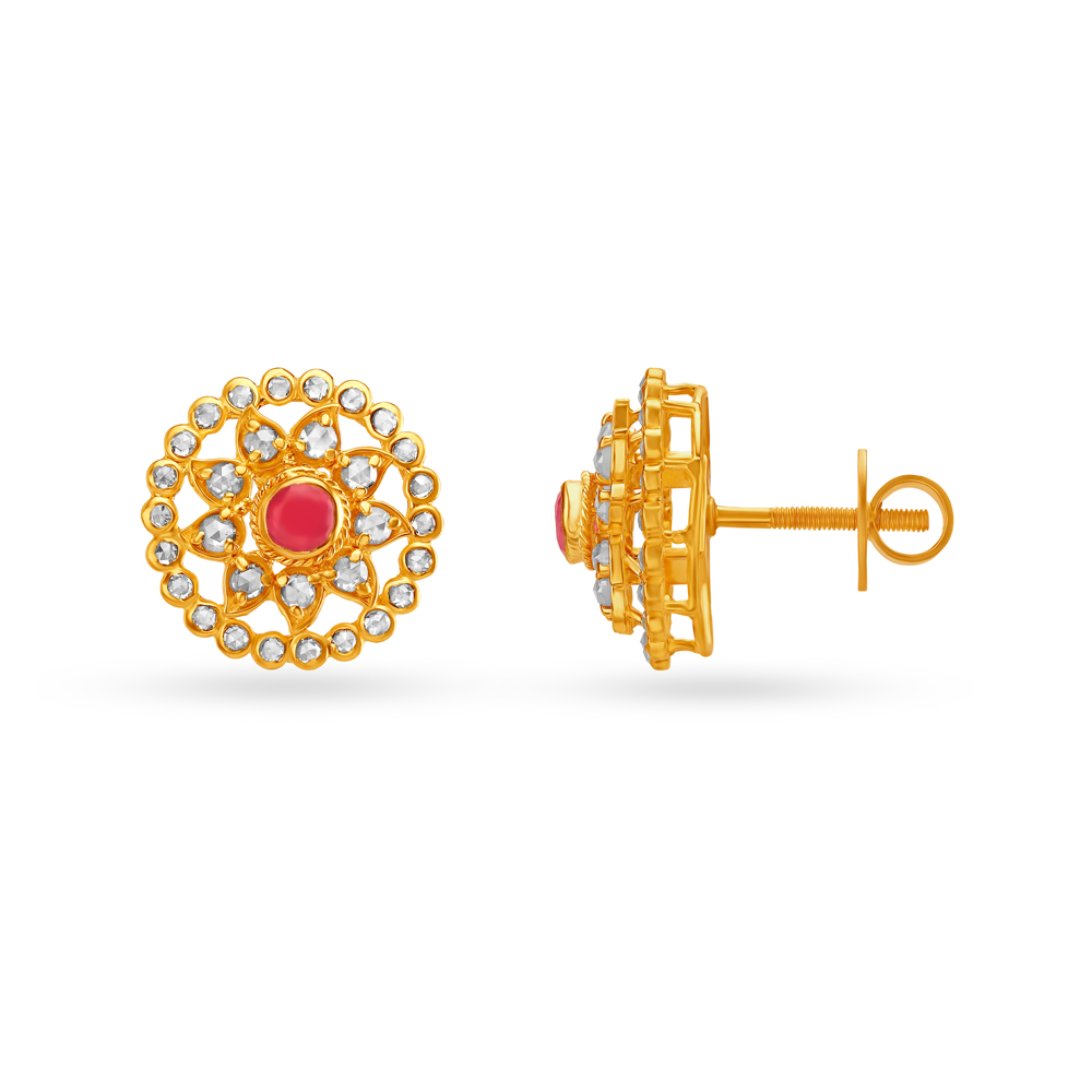 Ruby Studded Sunflower Gold Stud Earrings,,hi-res image number null