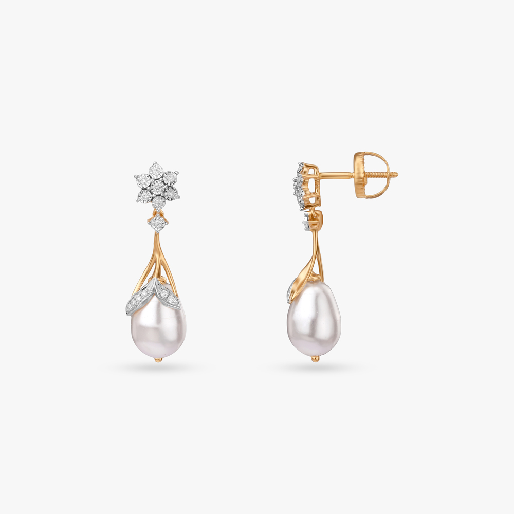 Exquisite Charming Diamond Drop Earrings with Pearls in Yellow and White Gold,,hi-res image number null