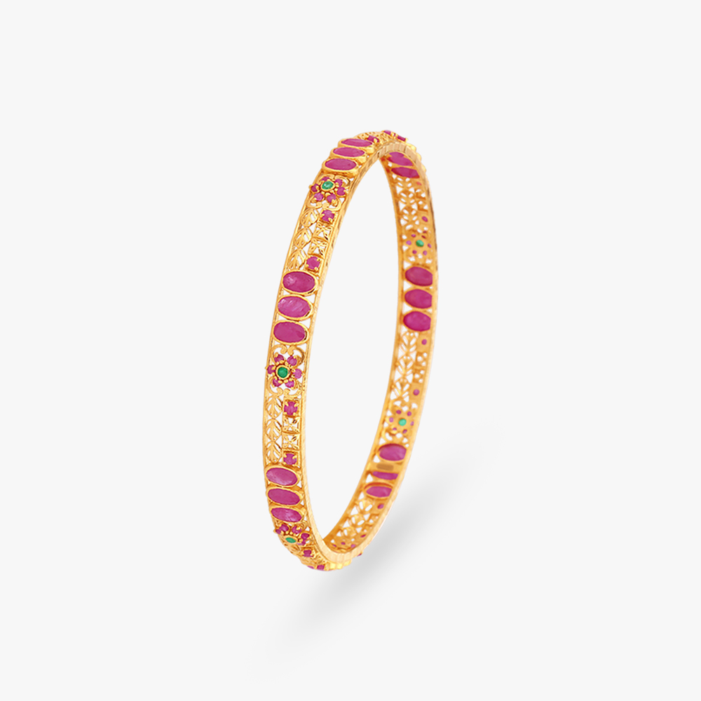 Ornate Floral Motif Gold Bangles,,hi-res image number null