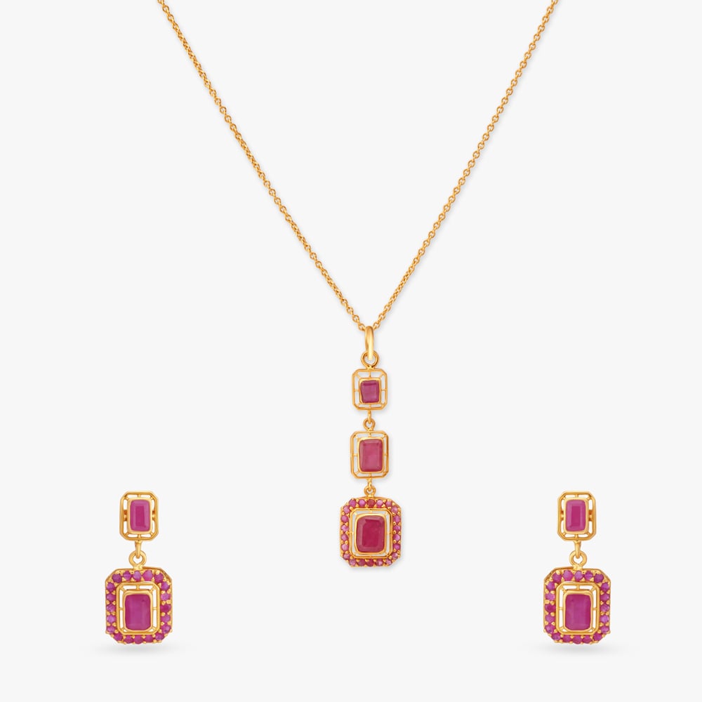 Rectangle Gold Pendant with Chain and Earrings Set,,hi-res image number null