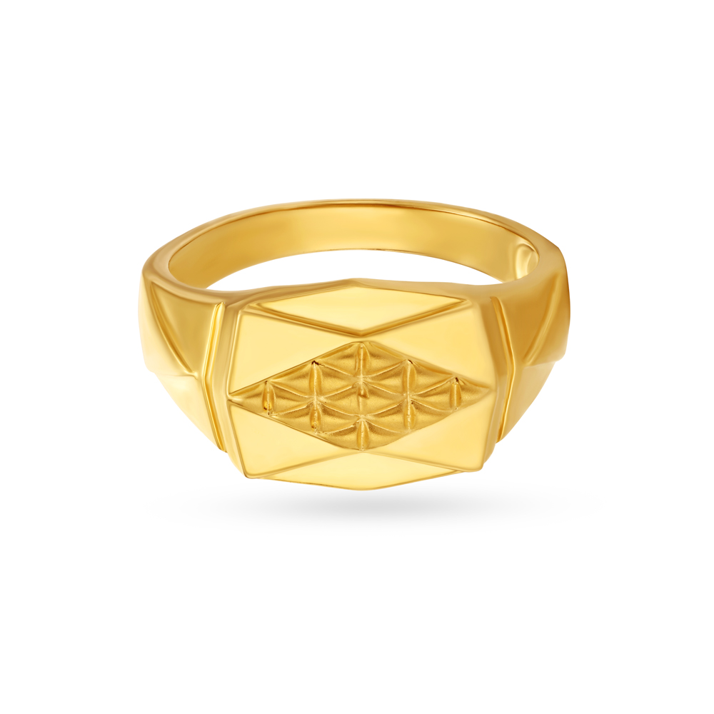 Geometric Carved Gold Finger Ring For Men