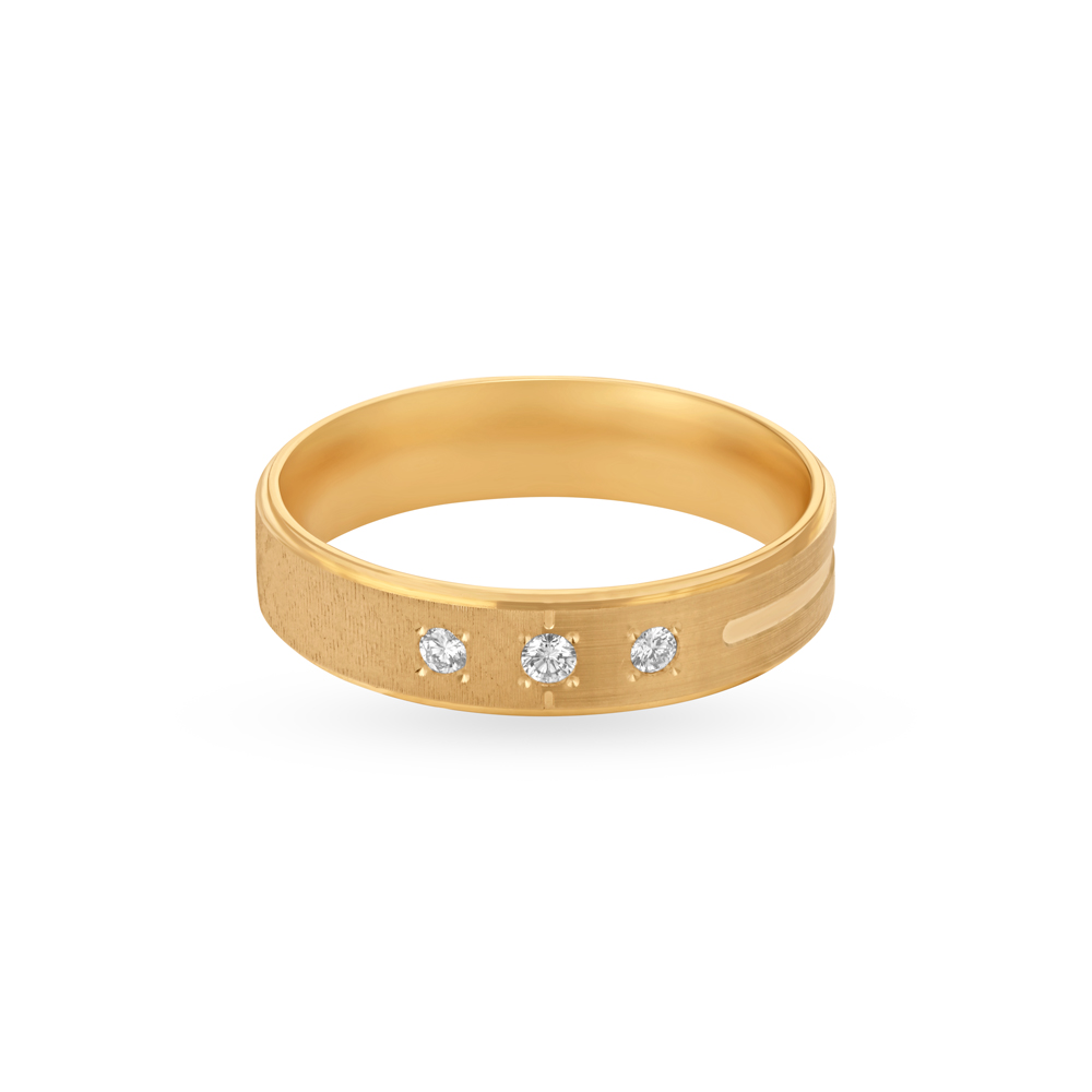 Minimalistic 3 Stone Textured Gold Diamond Adorned Finger Ring,,hi-res image number null