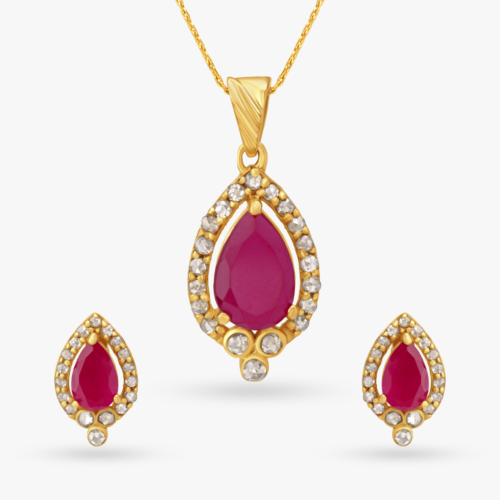 Coloured Stones Studded Gold Pendant and Earrings