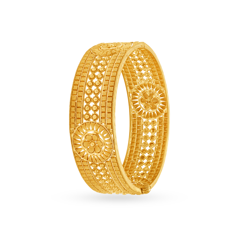 Coruscating 22 Karat Yellow Gold Floral Bead Bangle,,hi-res image number null