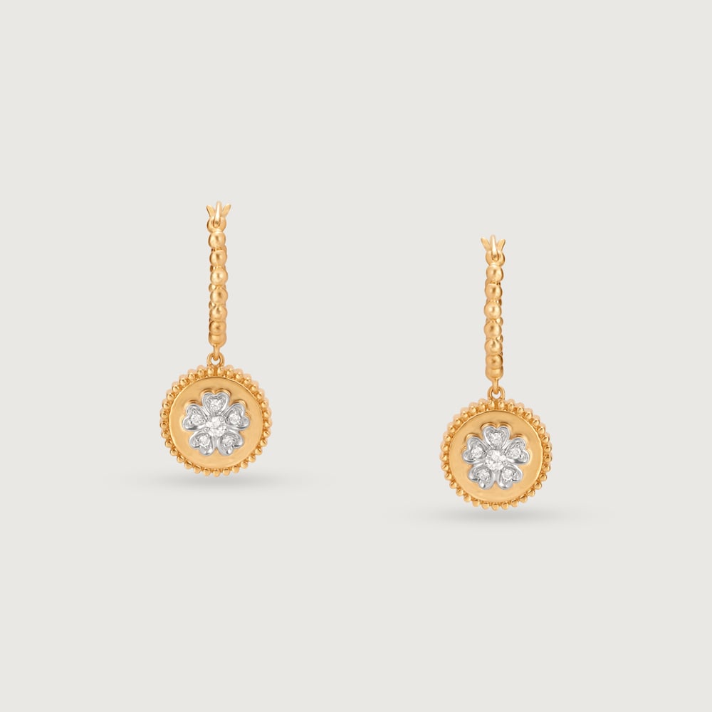 Vintage Medallion 14 Kt Gold & Diamond Hoop Earrings,,hi-res image number null