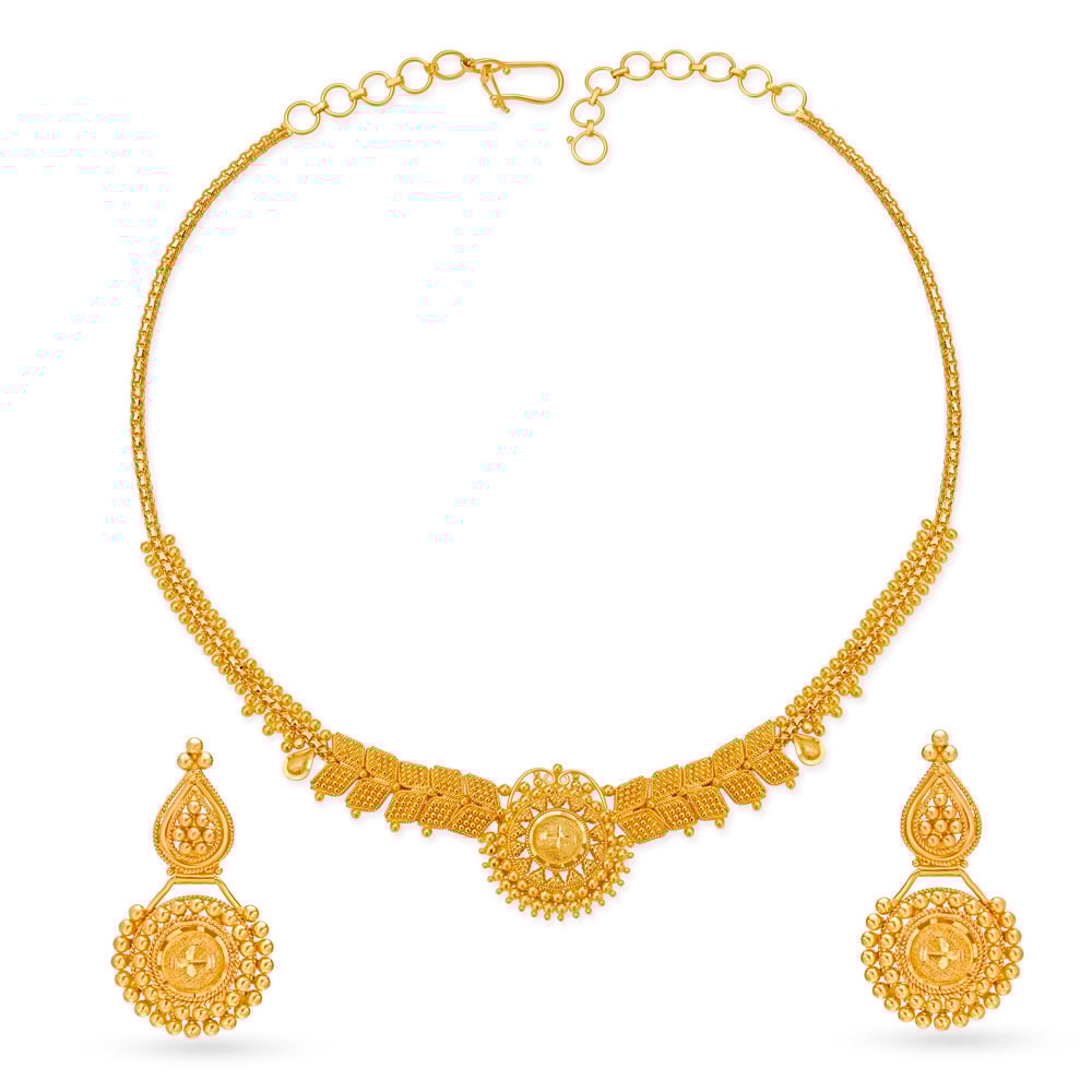 

Intricate Yellow Gold Beaded Necklace and Earrings Set