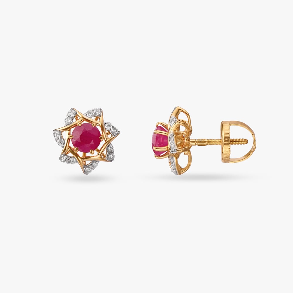 Blooming Diamond and Ruby Stud Earrings,,hi-res image number null