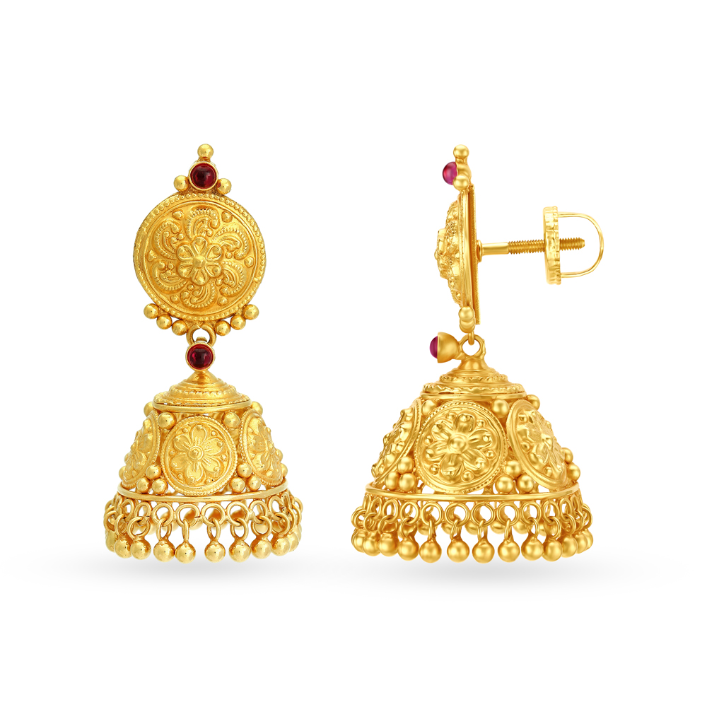 Traditional 22 Karat Yellow Gold Beaded Jhumkas,,hi-res image number null