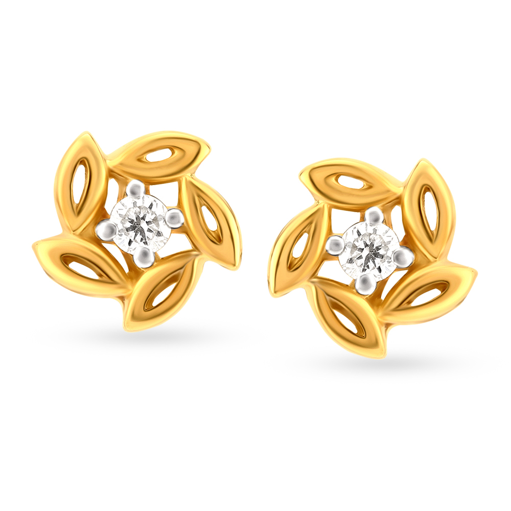 Dainty Floral Gold and Diamond Stud Earrings,,hi-res image number null