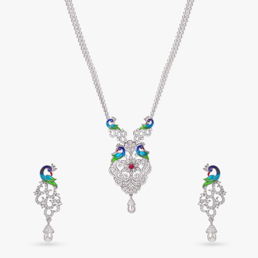 Peacock Parade Silver Pendant with Chain and Earrings Set,,hi-res image number null