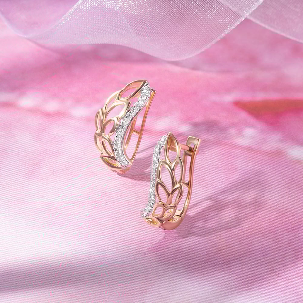 Leafy Radiant Gold & Diamond Hoop Earrings,,hi-res image number null