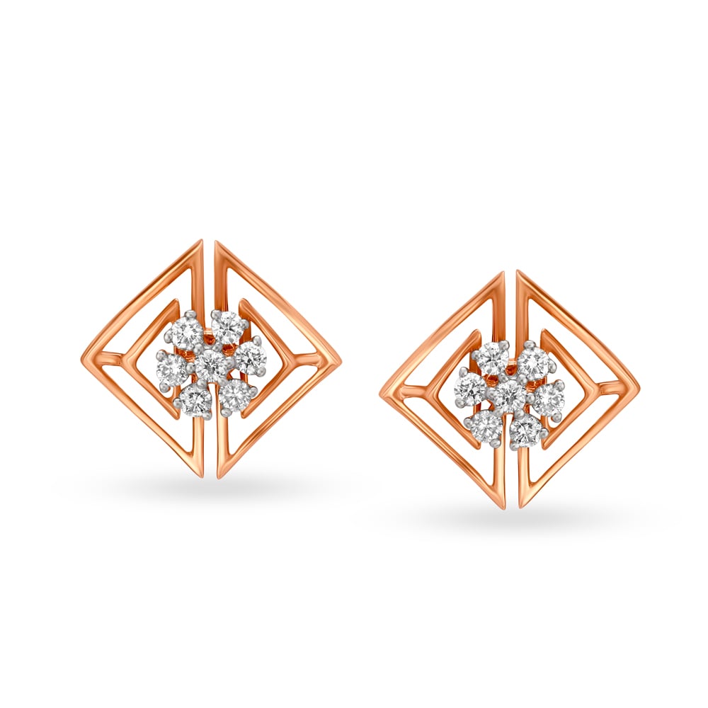 Chic Floral Rose Gold and Diamond Geometric Stud Earrings,,hi-res image number null