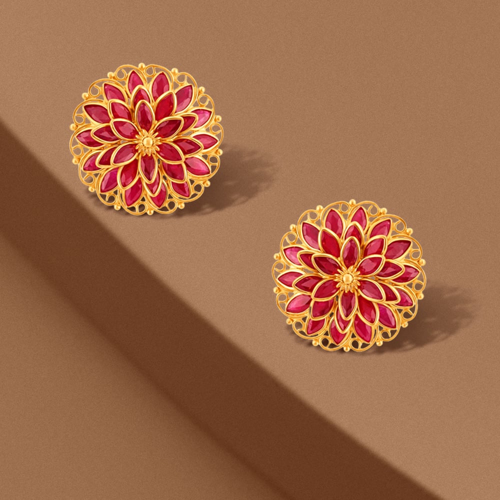 Irresistible 22 Karat Yellow Gold Floral Stud Earrings,,hi-res image number null