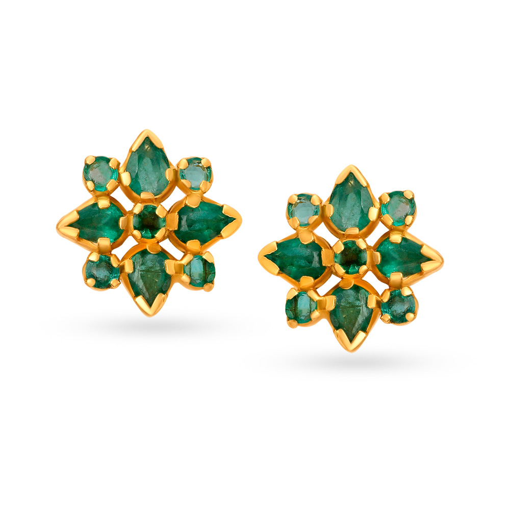 Ornamental 22 Karat Gold And Emerald Stud Earrings
