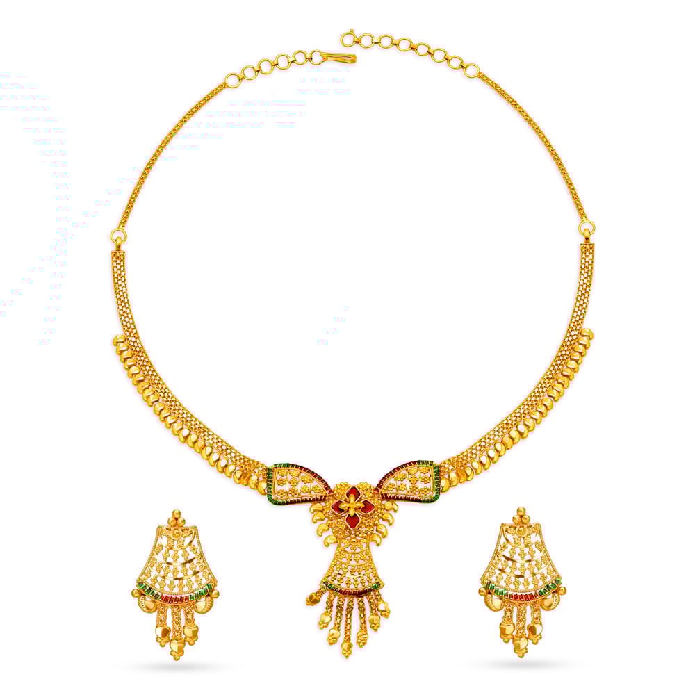 

Traditional Yellow Gold Floral Necklace and Earrings Set