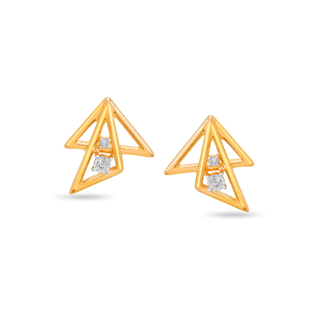 14 KT Yellow and White Gold Triangle Dazzle Diamond Stud Earrings