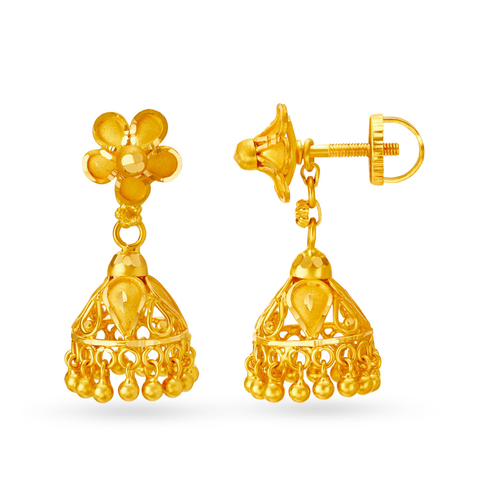 Enchanting 22 Karat Yellow Gold Floral Jhumkas,,hi-res image number null