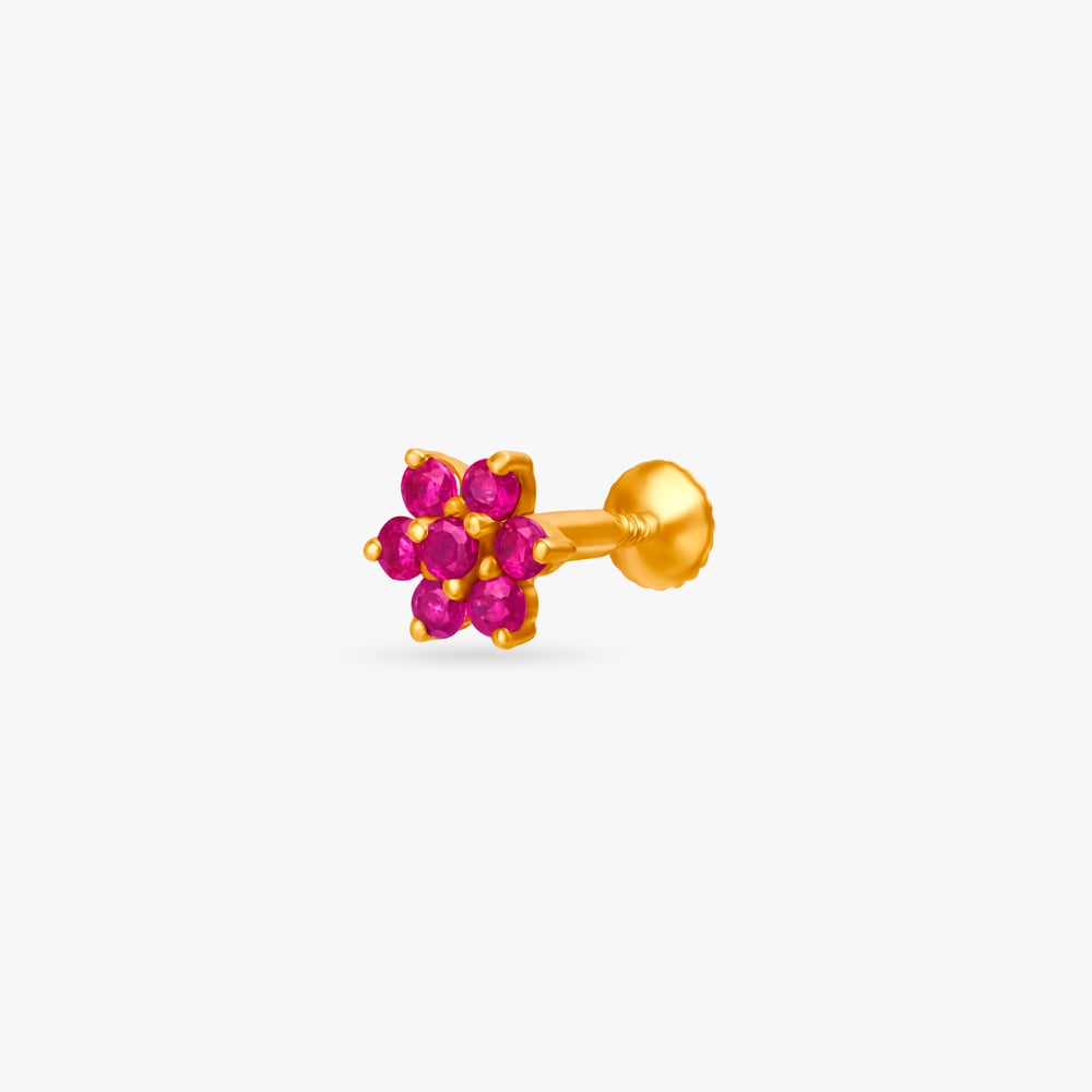 Dainty Floral Ruby Nose Pin