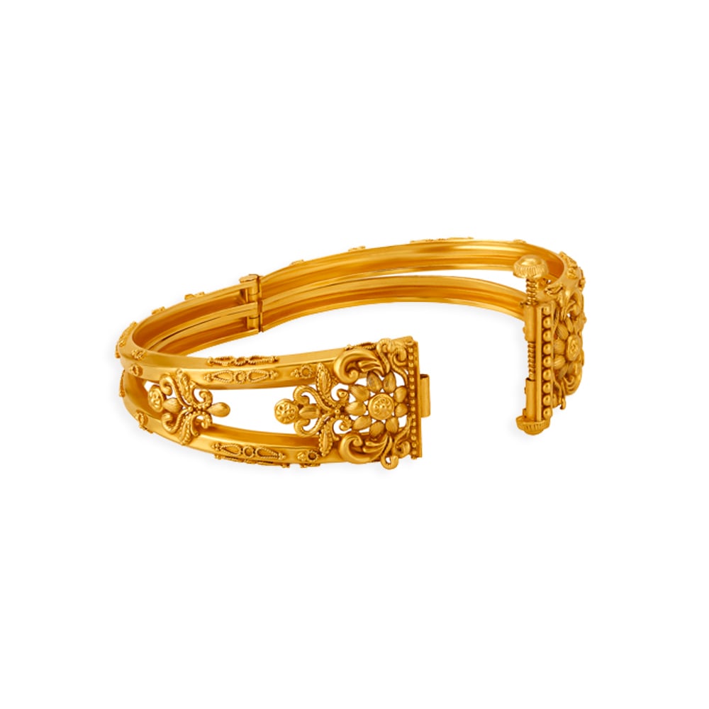 Queenly 22 Karat Yellow Gold Floral Carved Bangle