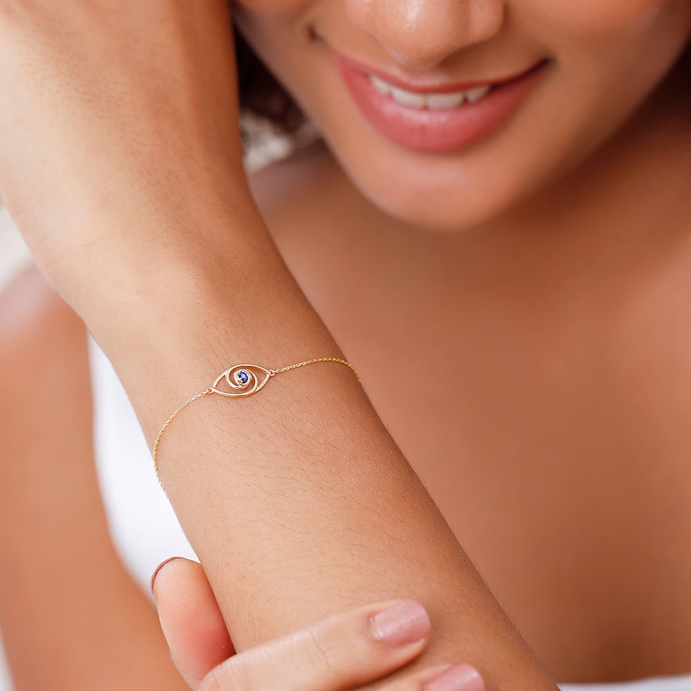 14KT Yellow Gold Wavy Evil Eye Bracelet,,hi-res image number null