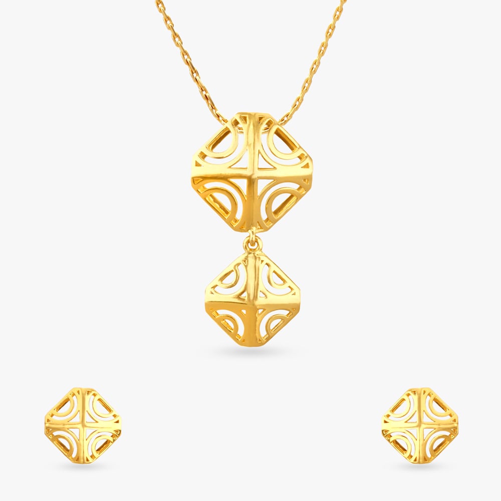 Sculpted Geometry Gold Pendant and Earrings Set,,hi-res image number null