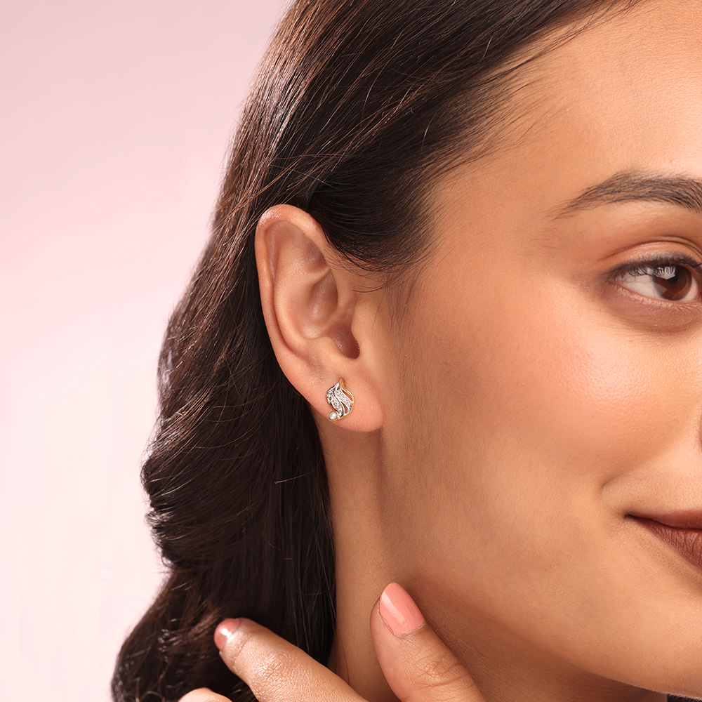 Cascading Rivulet 14 Kt Pearl & Diamond Stud Earrings,,hi-res image number null
