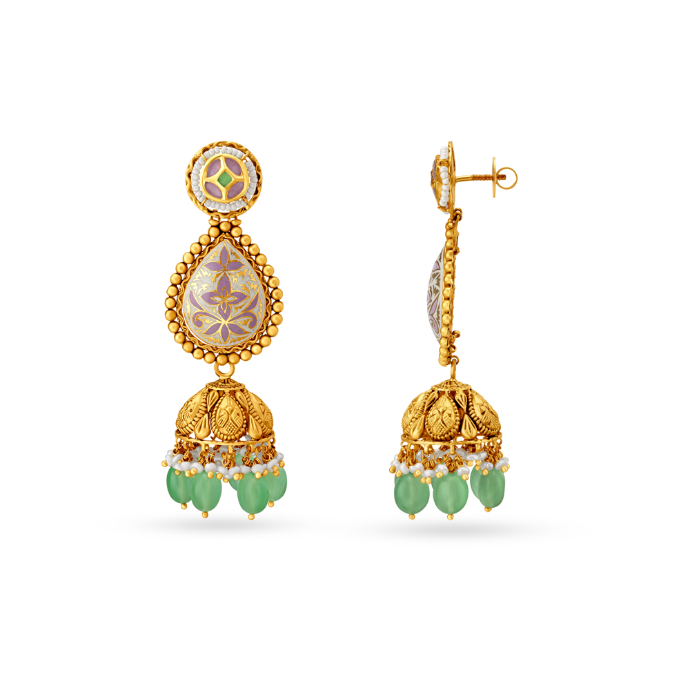 Floral Pattern Gold Jhumka Earrings With Beads,,hi-res image number null