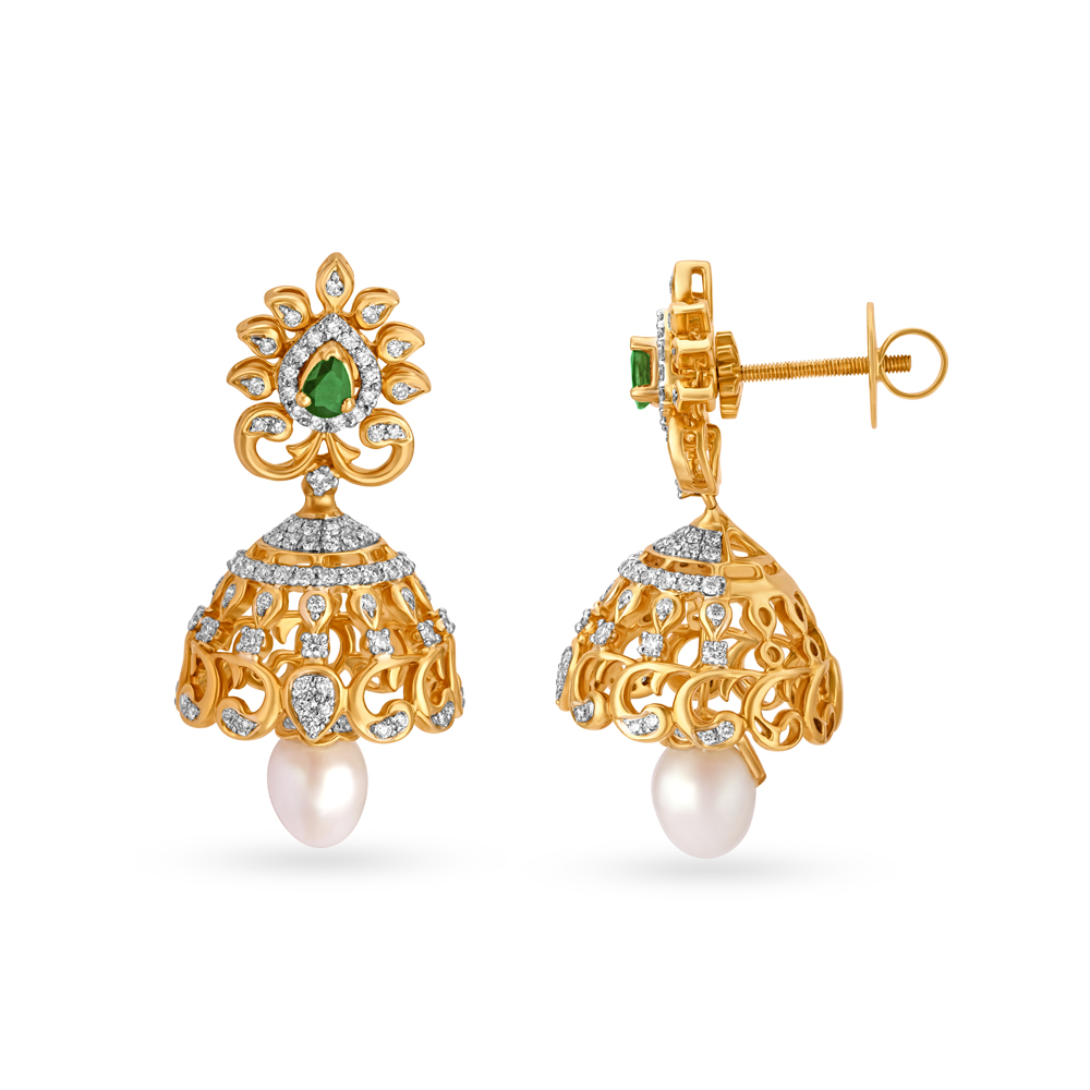 Floral Jhumkas with Ruby, Pearl and Emerald,,hi-res image number null