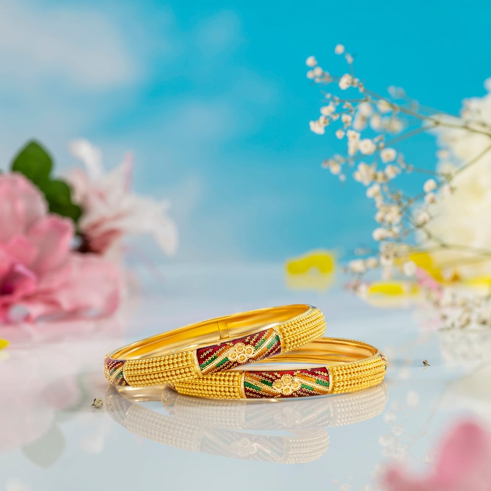 Ornamented Yellow Gold Beaded Bangles,,hi-res image number null