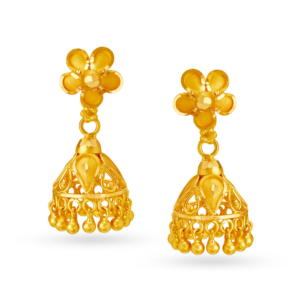 Enchanting 22 Karat Yellow Gold Floral Jhumkas,,hi-res image number null