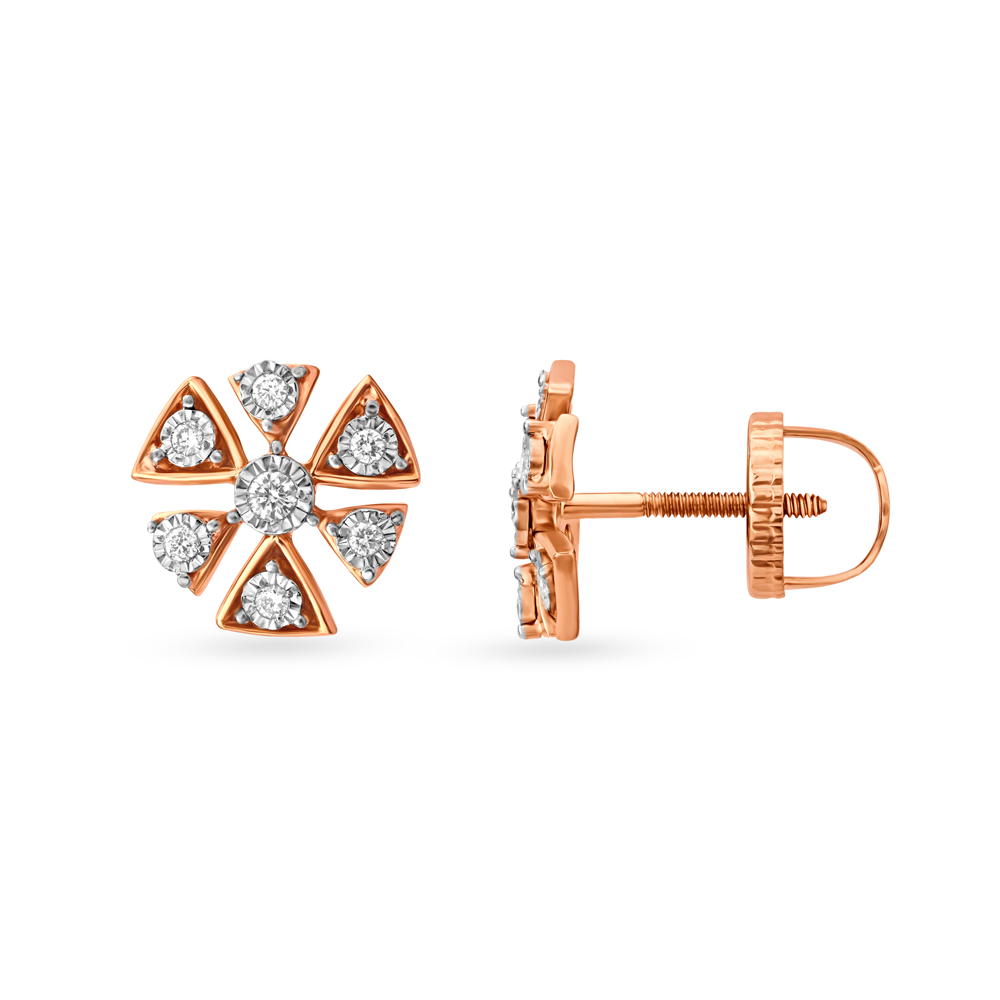 Contemporary Floral Diamond Stud Earrings in White and Rose Gold,,hi-res image number null