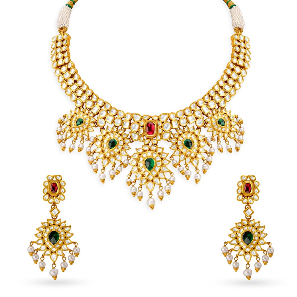 Coloured Stones Studded Leaf Motif Gold Necklace Set