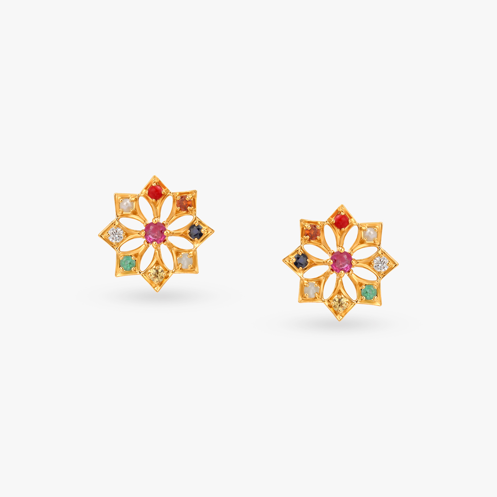 Starburst Navaratna Diamond Stud Earrings,,hi-res image number null