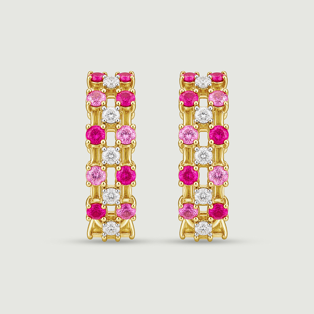 Graphic Triple Row Sapphire and Ruby Hoop Earrings,,hi-res image number null