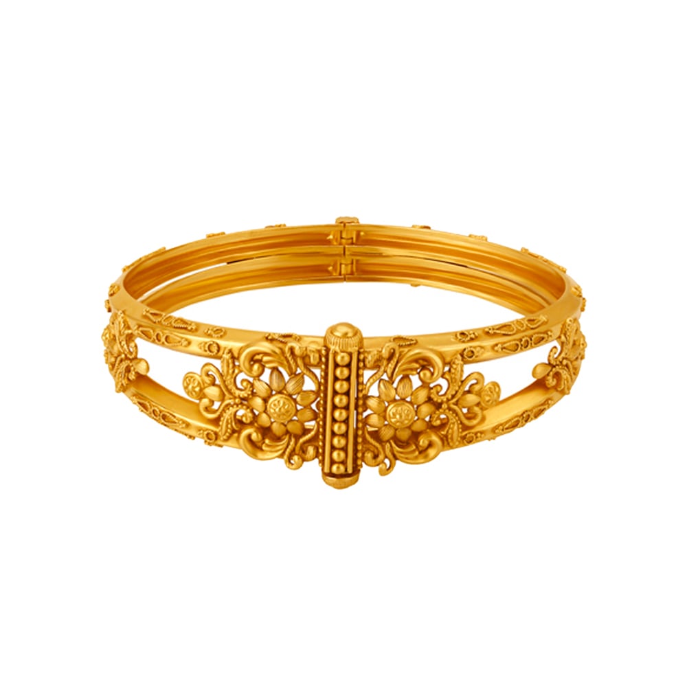 Queenly 22 Karat Yellow Gold Floral Carved Bangle