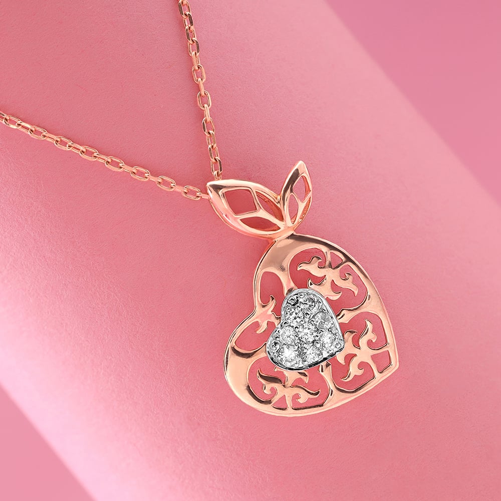 Dazzling Heart 14KT Rose & White Gold Diamond Pendant with Chain