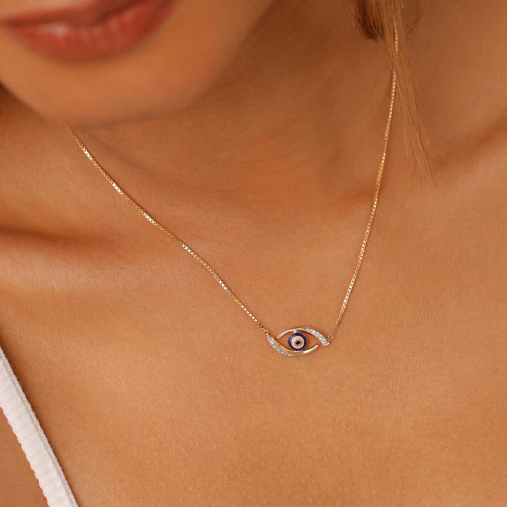 14KT Yellow Gold Evil Eye Necklace With Diamonds,,hi-res image number null