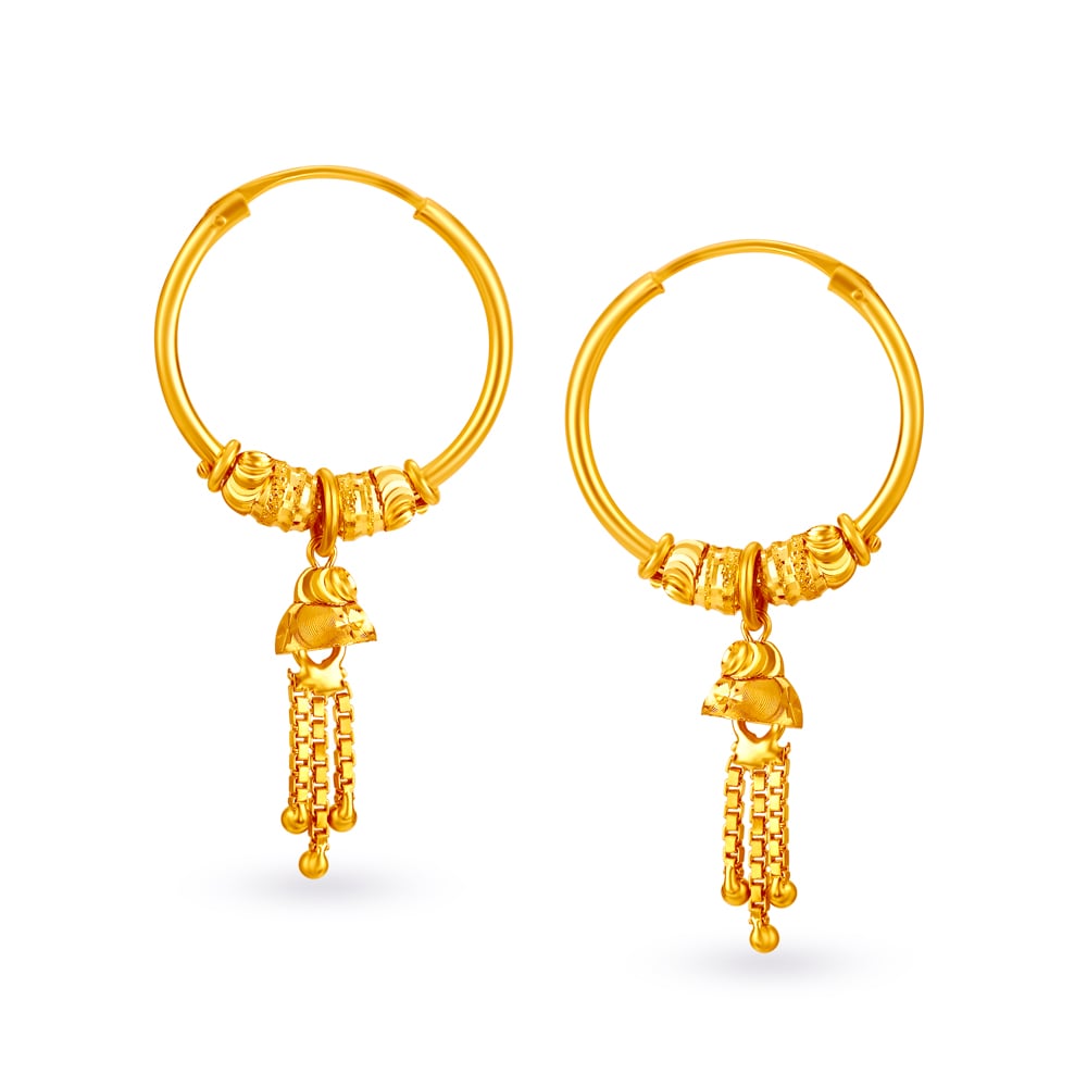 Beautiful 18 Karat Yellow Gold Tasselled Bali Style Hoop Earrings