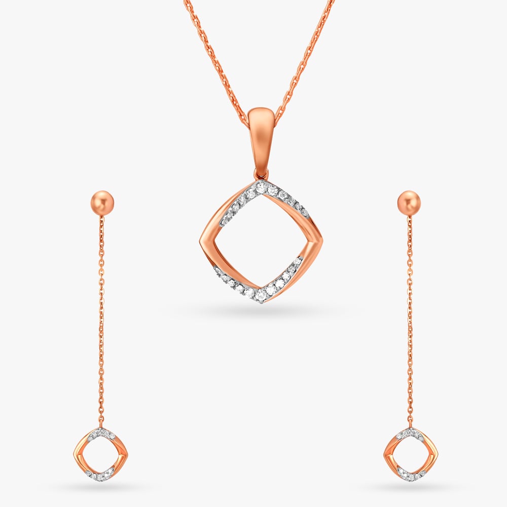 Stylish Squares Diamond Pendant and Earrings Set