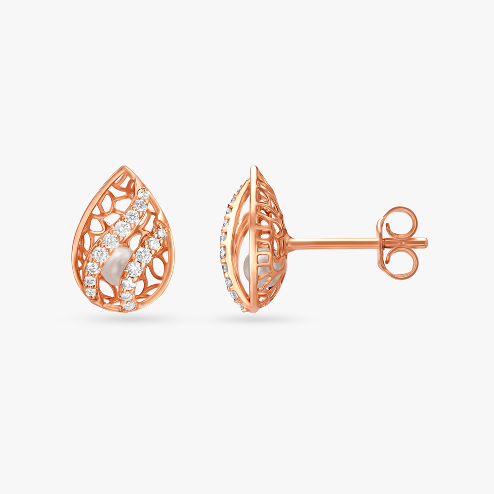 Delicate Mesh Pearl and Diamond Stud Earrings,,hi-res image number null