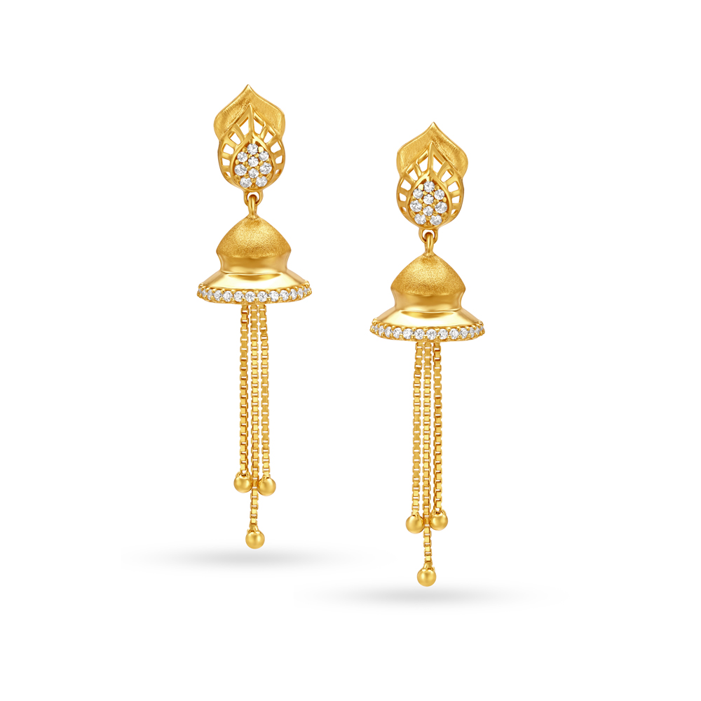 Leaf Motif Hanging Gold Jhumka Earrings