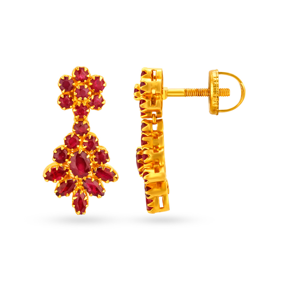 Alluring 22 Karat Gold And Ruby Floral Drop Earrings,,hi-res image number null