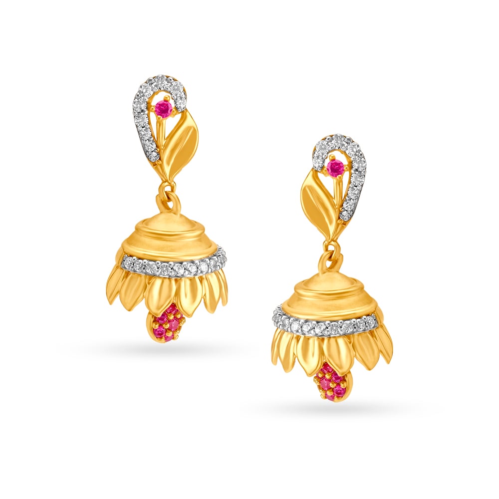 Traditional Carved Leaf Motif Gold Jhumka Earrings