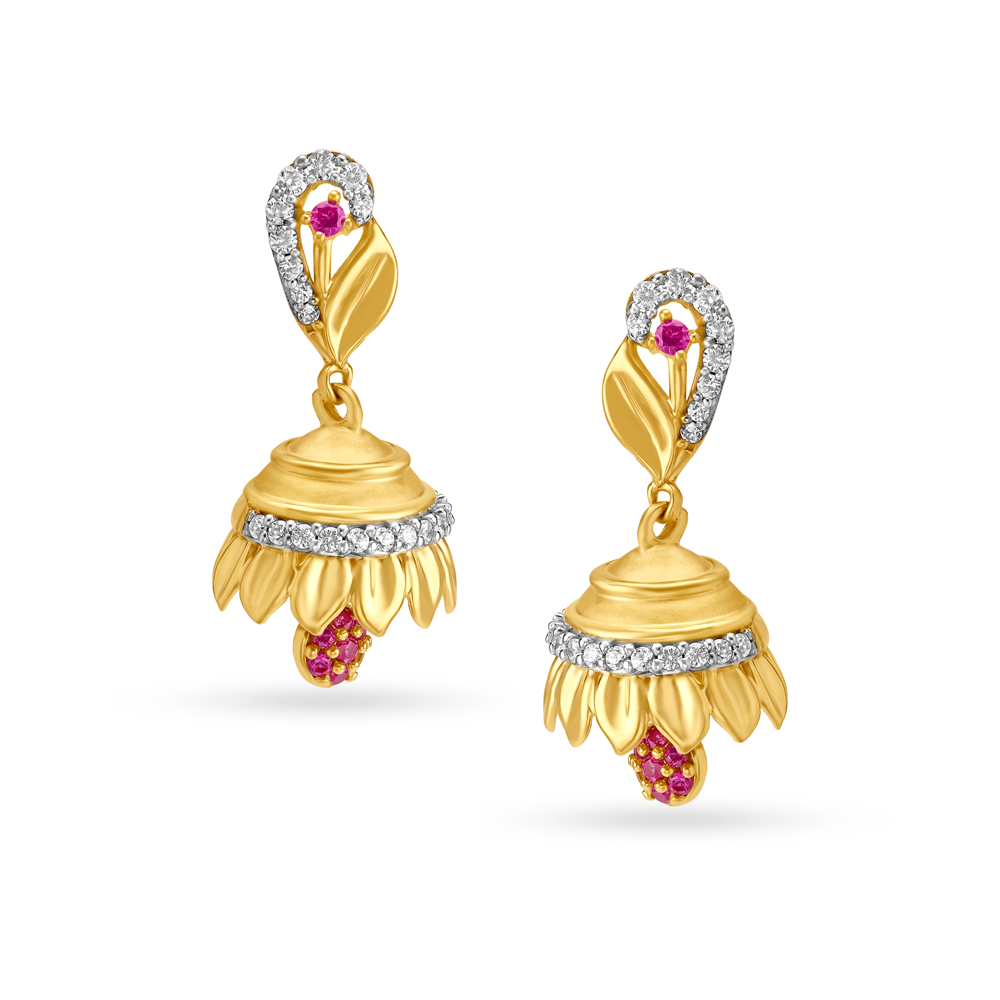 Traditional Carved Leaf Motif Gold Jhumka Earrings