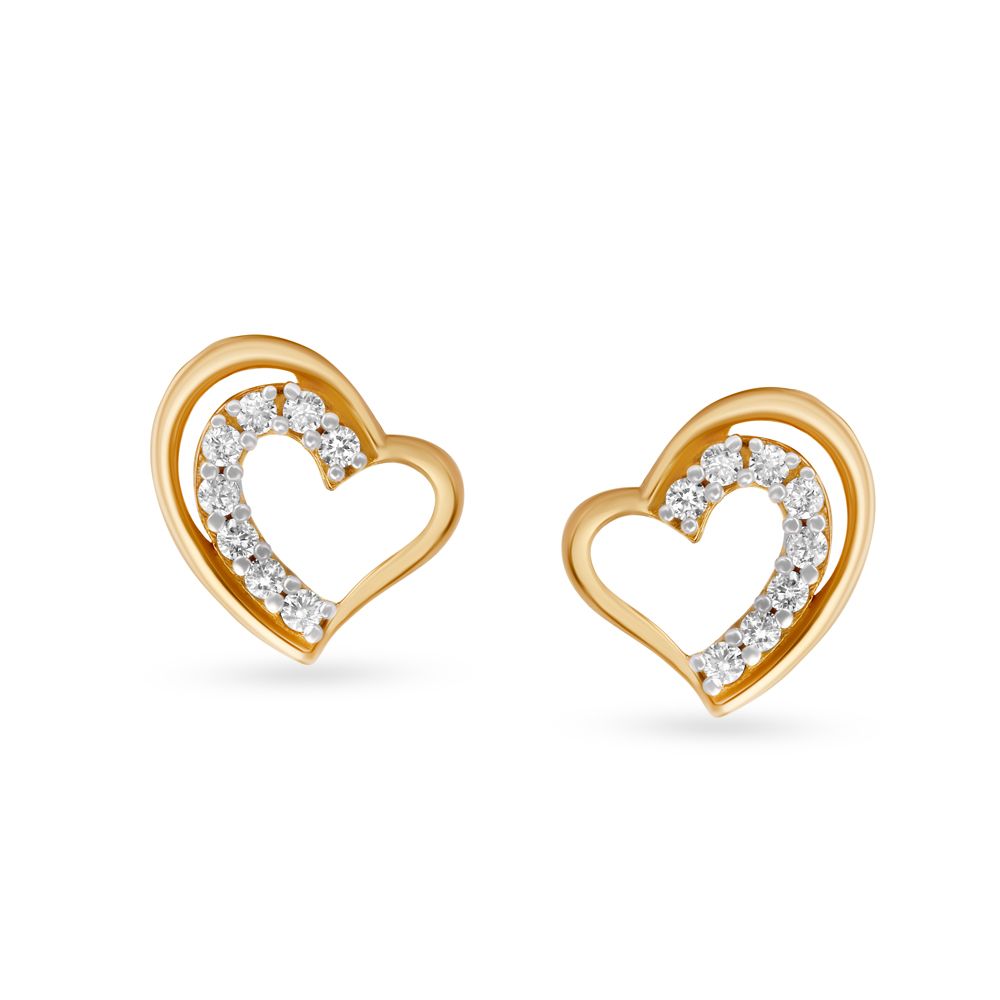 Romantic Love Heart Shaped Diamond and Gold Stud Earrings