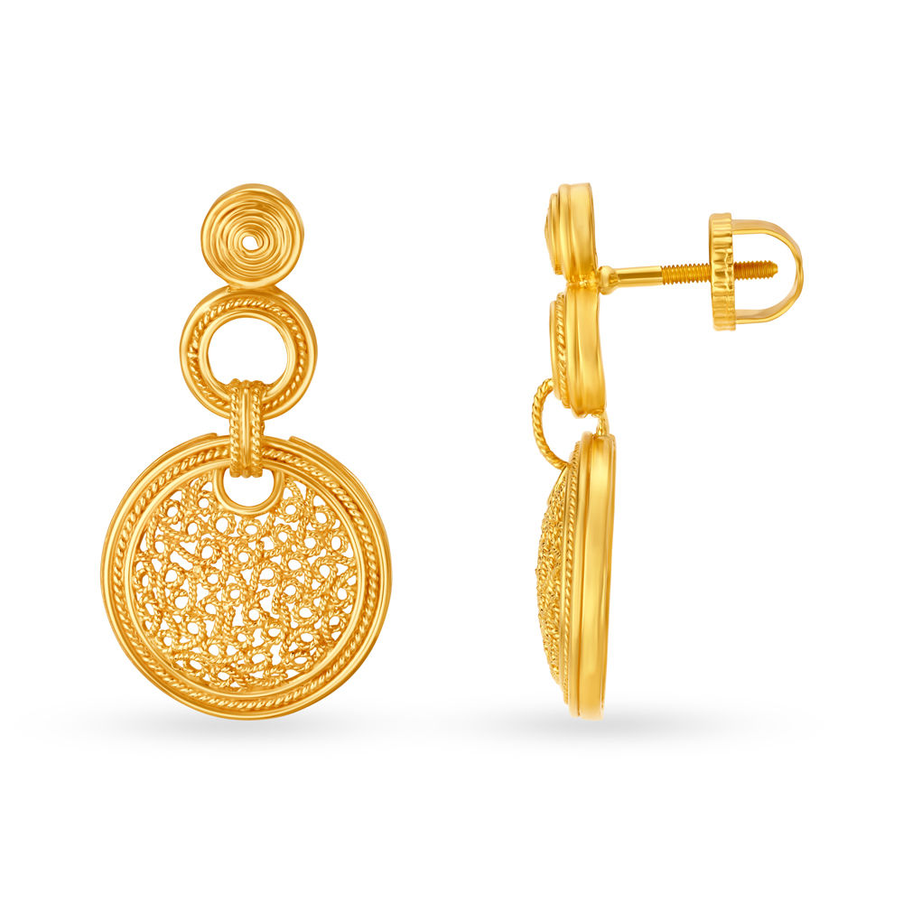 Fascinating 22 Karat Yellow Gold Filigree Patterned Drop Earrings