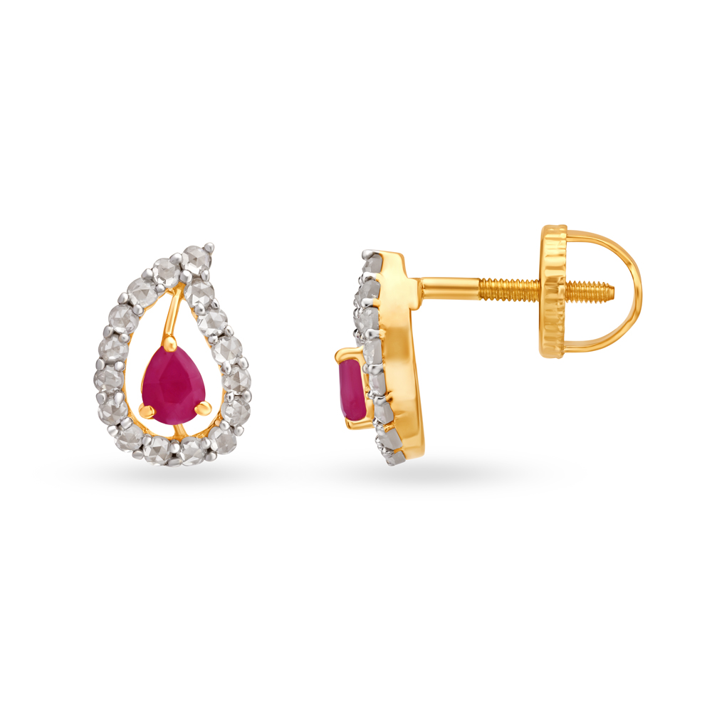 Ornate 18 Karat Yellow Gold And Ruby Paisley Studs,,hi-res image number null