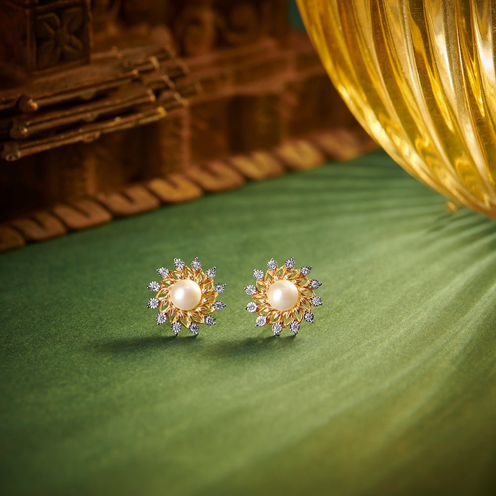 Magnificent Floral Diamond Stud Earrings in Yellow and White Gold